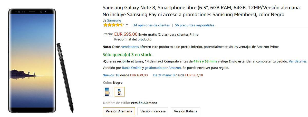 Precio del Samsung Galaxy Note 8 con descuento en Amazon