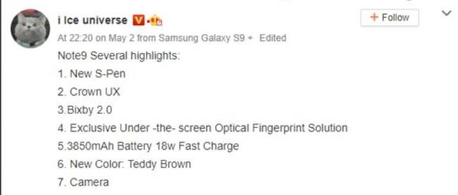 Características del Galaxy Note 9 difundidas por las filtraciones