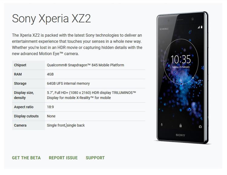 Página de soporte del Sony Xperia XZ2 con la descarga de Android P Beta 
