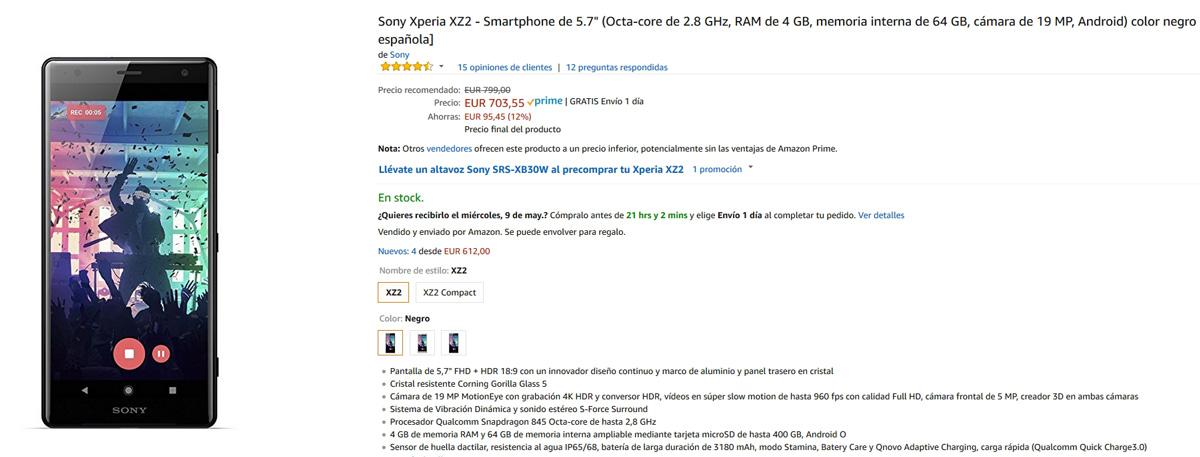 Descuento en el Sony Xperia XZ2 a través de Amazon
