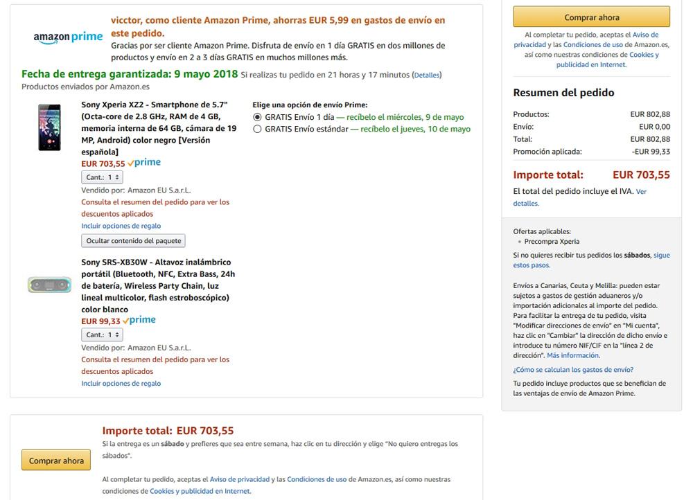 Precio con descuento y regalo al comprar el Sony Xperia XZ2 en Amazon