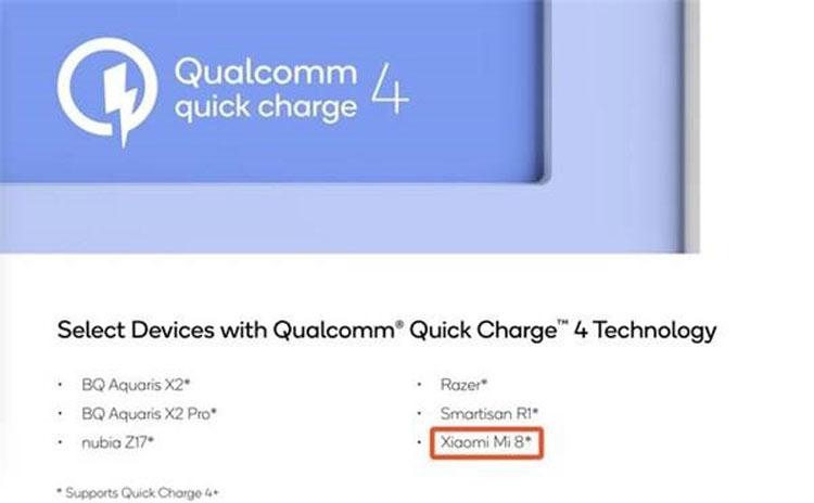 Referencia del Xiaomi Mi 8 con carga rápida Quick Charge 4+ en la página de Qualcomm