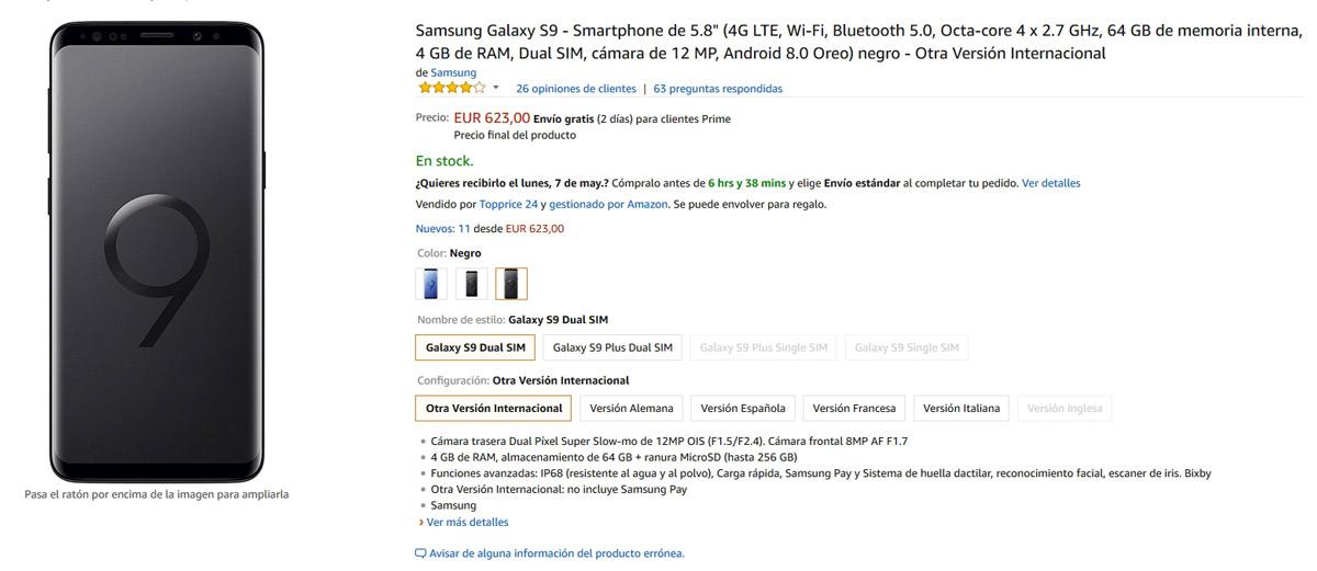Precio del Samsung Galaxy S9 en Amazon
