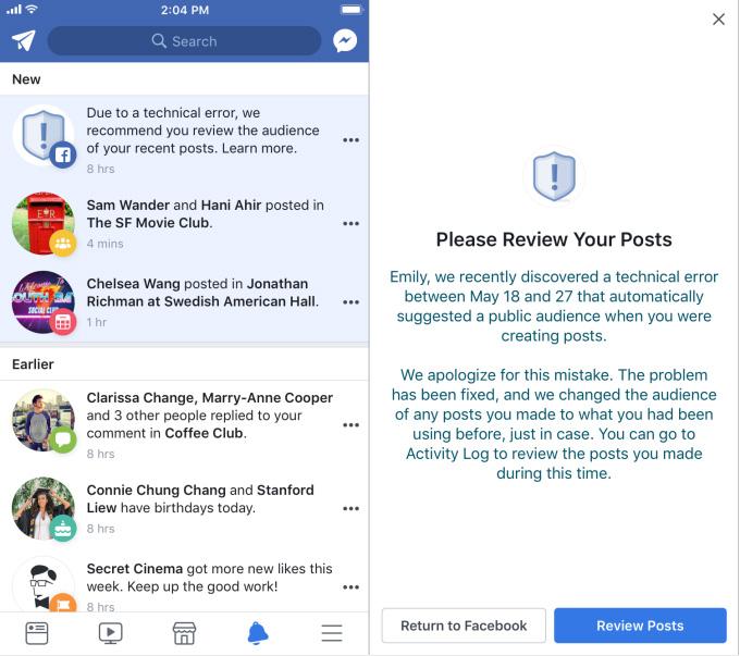 Error de privacidad en Facebook anunciado desde una notificación en la app