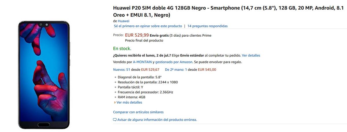 Oferta del Huawei P20 en Amazon