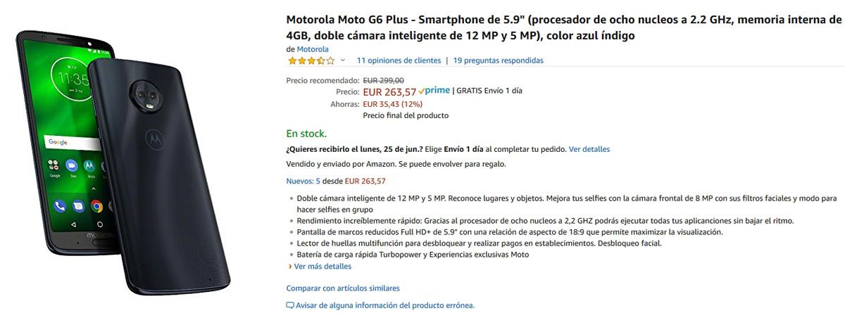 Precio del Motorola Moto G6 Plus en Amazon
