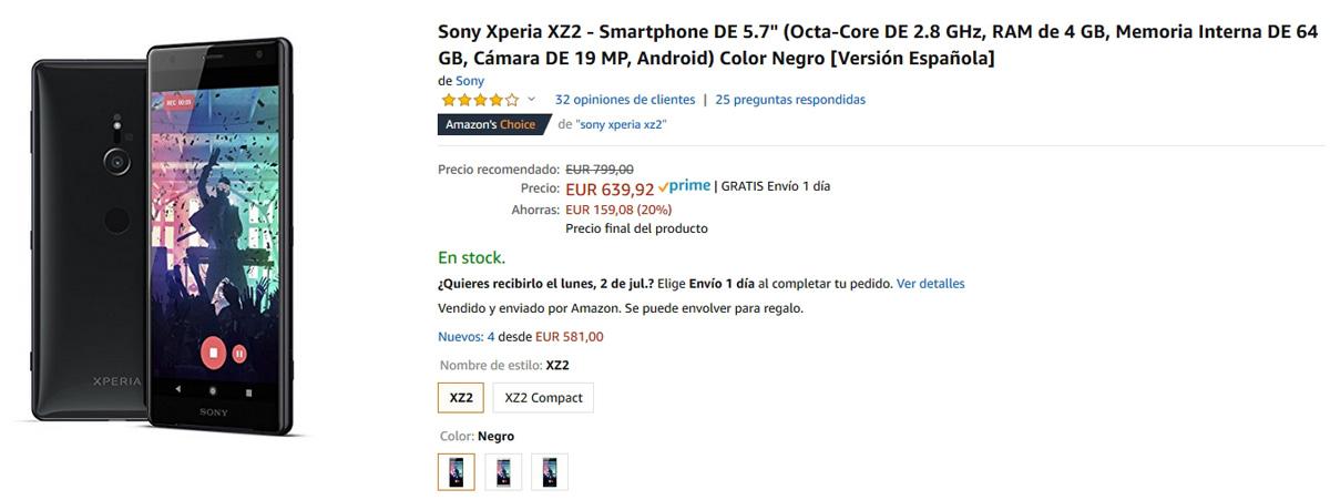 Precio del Sony Xperia XZ2 en Amazon con 20% de descuento