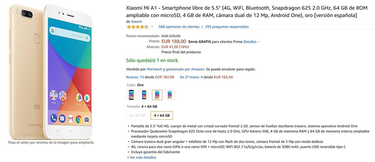 Descuento en el precio del Xiaomi Mi A1 desde la tienda en línea de Amazon