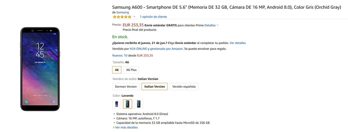 Precio del Samsung Galaxy A6 en Amazon