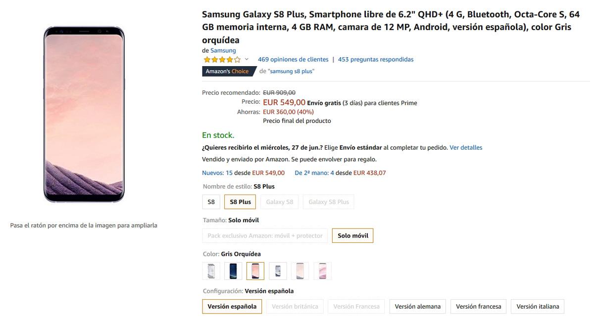 Precio del Samsung Galaxy S8 Plus en Amazon con descuento