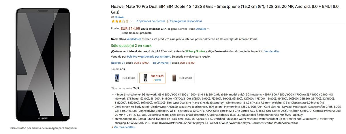 Opción de compra del Huawei Mate 10 Pro en Amazon