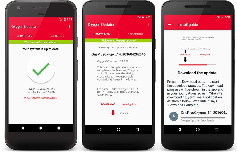 Interfaz de Oxygen Updater, la app para descargar las actualizaciones de OnePlus