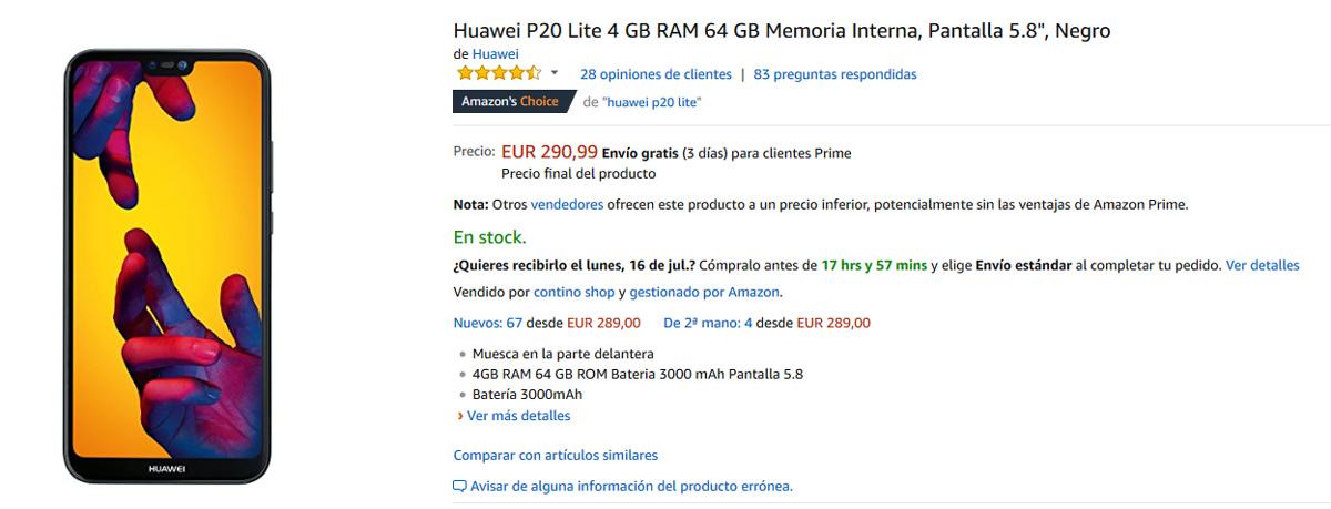 Precio del Huawei P20 Lite con una oferta de Amazon