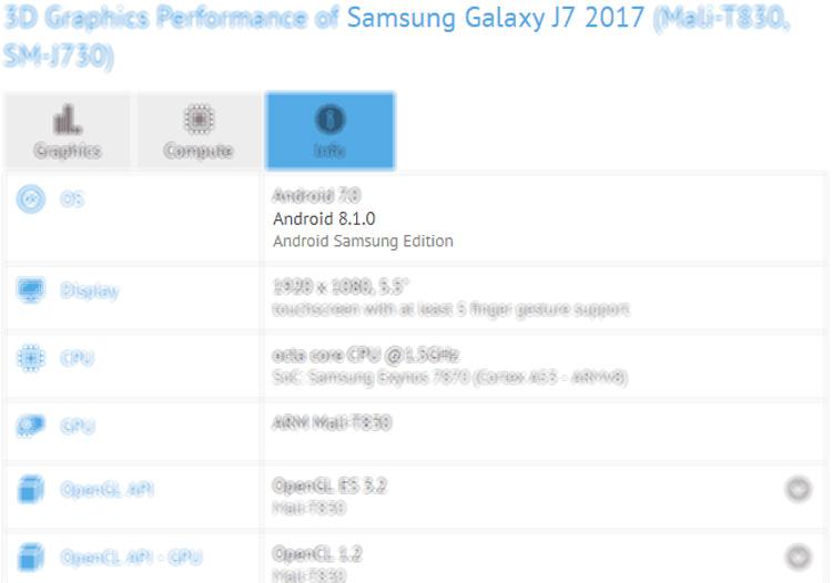 Referencia del Samsung Galaxy J7 2017 con Android 8.1 Oreo en GFXBench