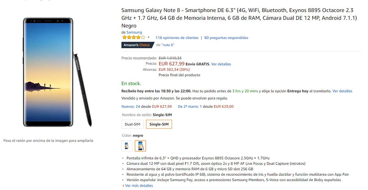 Oferta del Samsung Galaxy Note 8 con el mejor precio registrado en Amazon