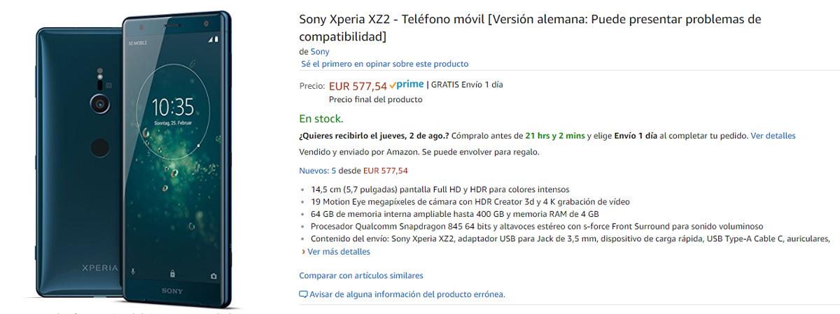Precio del Sony Xperia XZ2 en oferta en Amazon