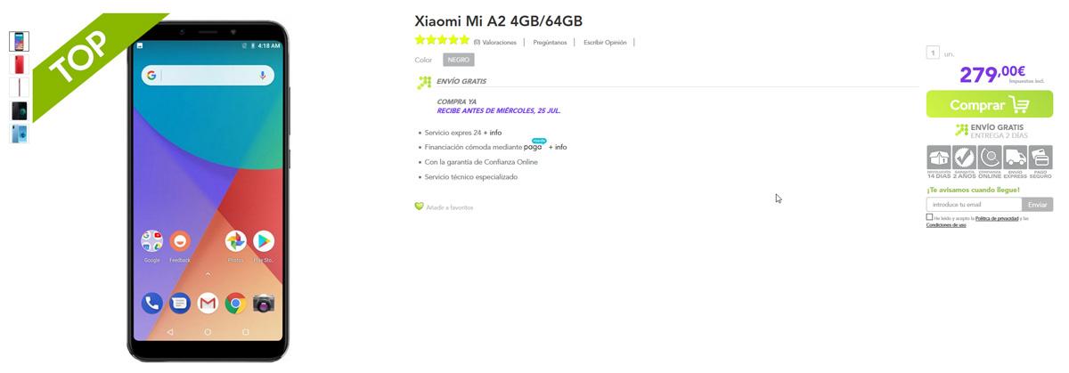 Precio del Xiaomi Mi A2 en España fijado en una tienda online