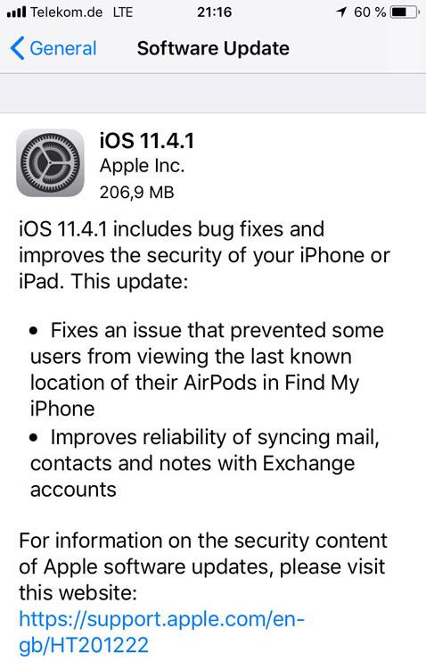 OTA con la actualización de iOS 11.4.1