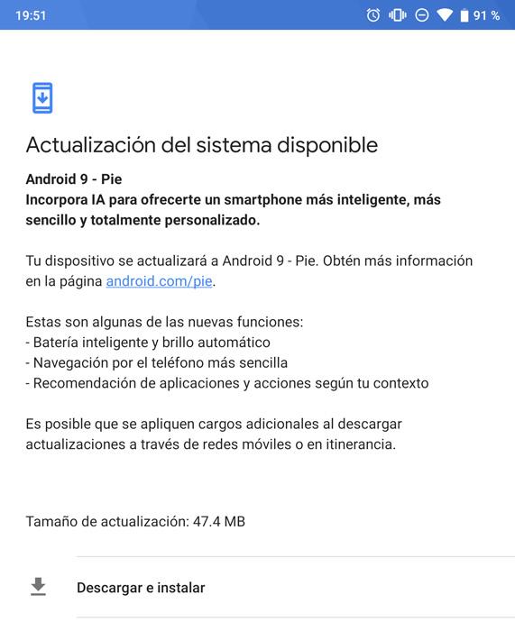Notificación de disponibilidad de actualización OTA de Android 9.0 Pie