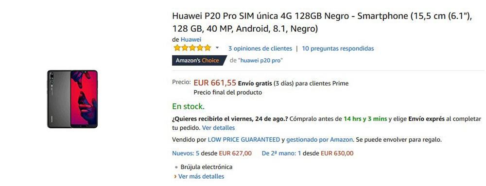 Precio del Huawei P20 Pro con descuento en Amazon