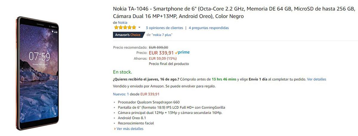 Descuento en el precio del Nokia 7 Plus comercializado por Amazon