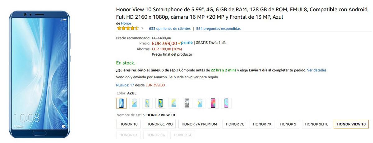 Honor View 10 en oferta a través de Amazon