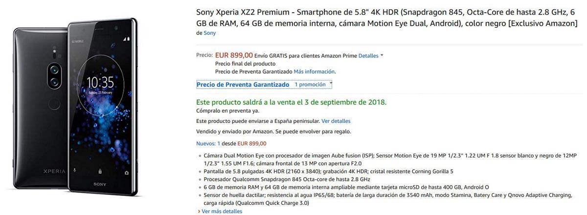 Reserva del Sony Xperia XZ2 Premium en Amazon