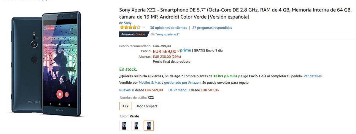 Precio del Sony Xperia XZ2 rebajado en Amazon