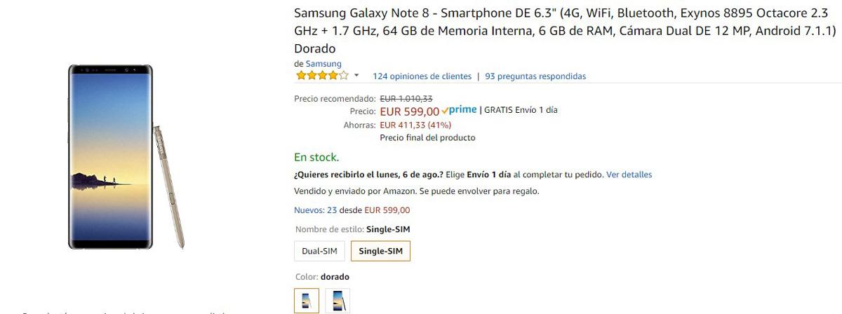 Precio del Galaxy Note 8 en Amazon con descuento del 41%