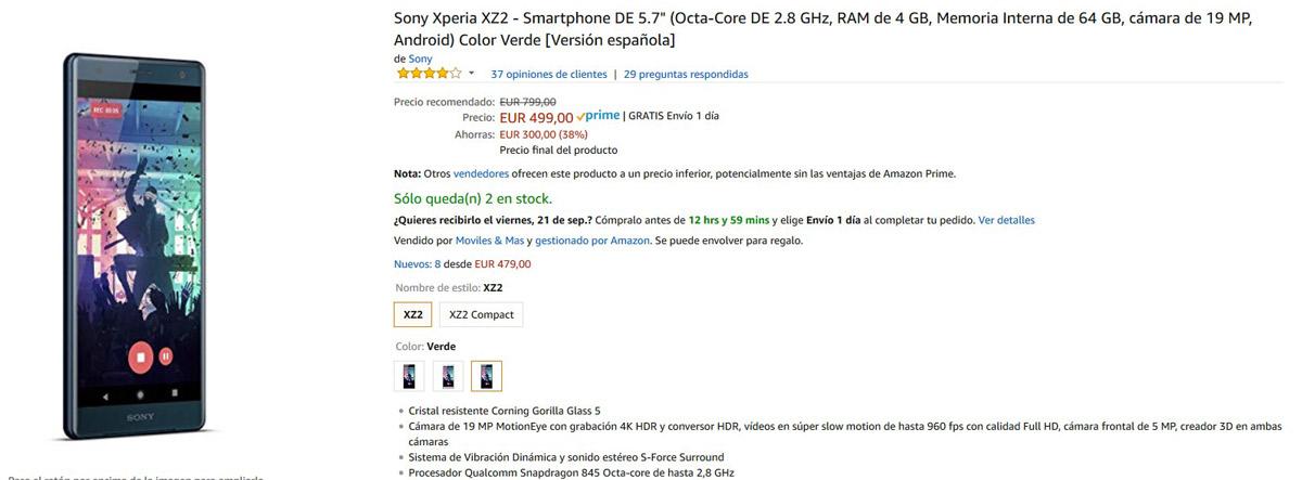 Descuento de 300 euros en el precio del Sony Xperia XZ2 en Amazon