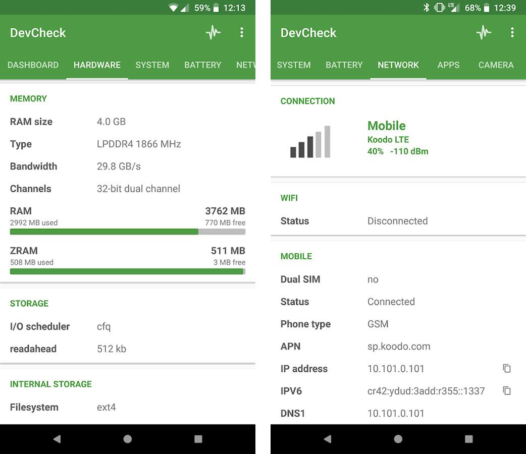 Datos en tiempo real del hardware de un smartphone Android medidos con la app DevCheck