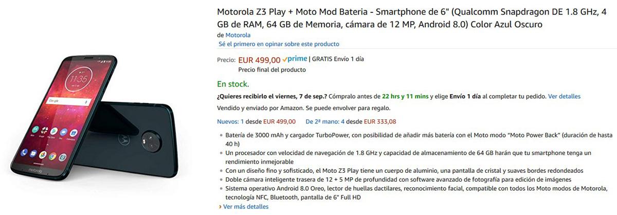 Precio del Motorola Moto Z3 Play en Amazon