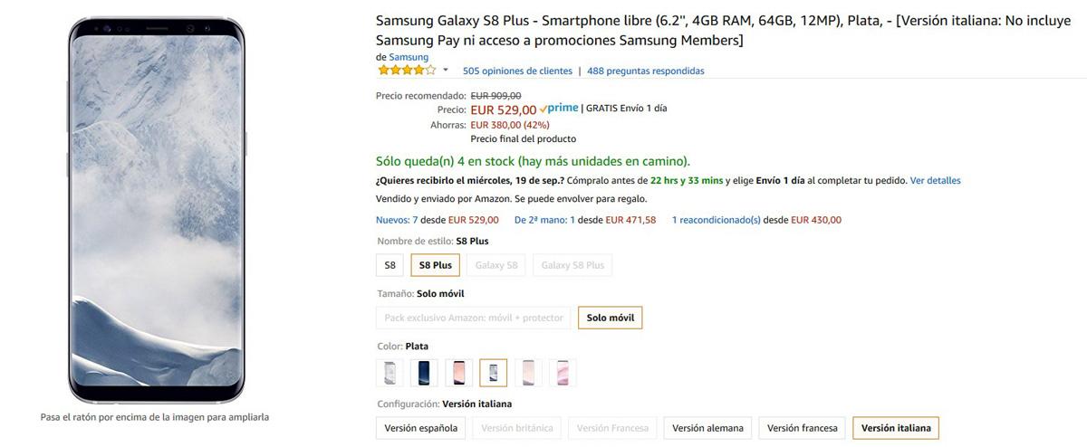 Precio del Galaxy S8 Plus en Amazon po 529 euros