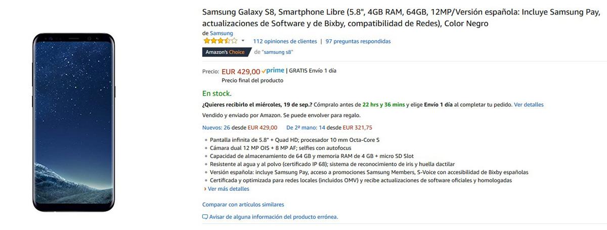Precio del Galaxy S8 en Amazon por 429 euros