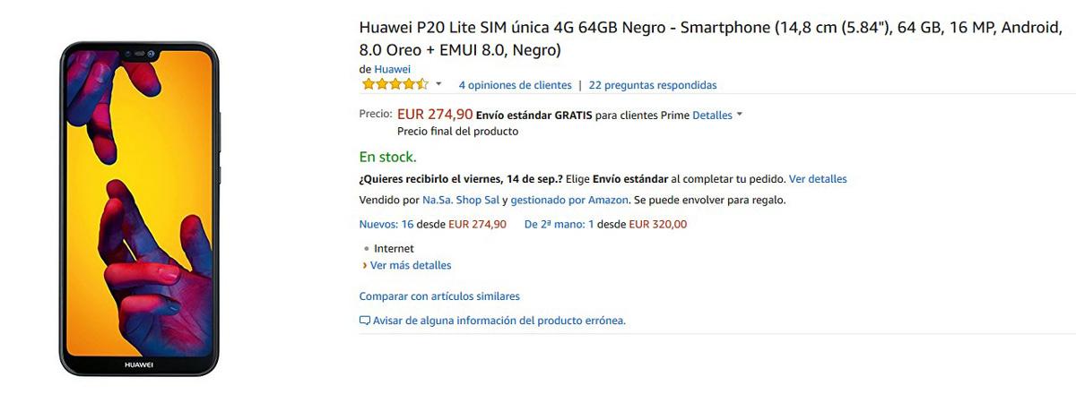 Oferta de Amazon con el precio del Huawei P20 Lite por 274.90 euros