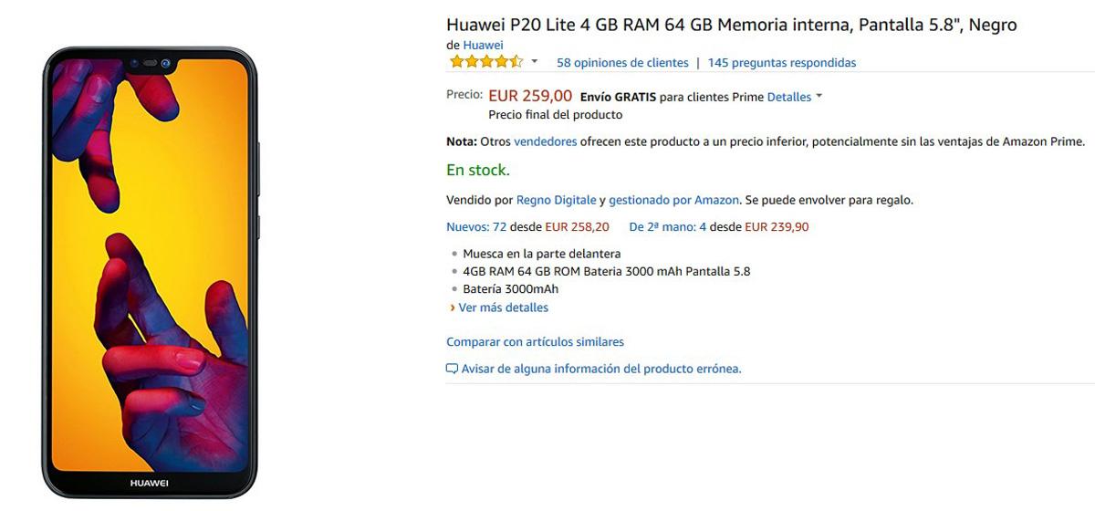 Precio del Huawei P20 Lite en Amazon