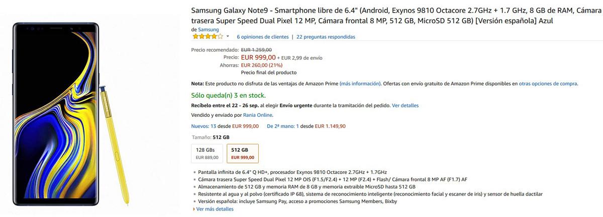 Oferta del Samsung Galaxy Note 9 de 512 GB en Amazon
