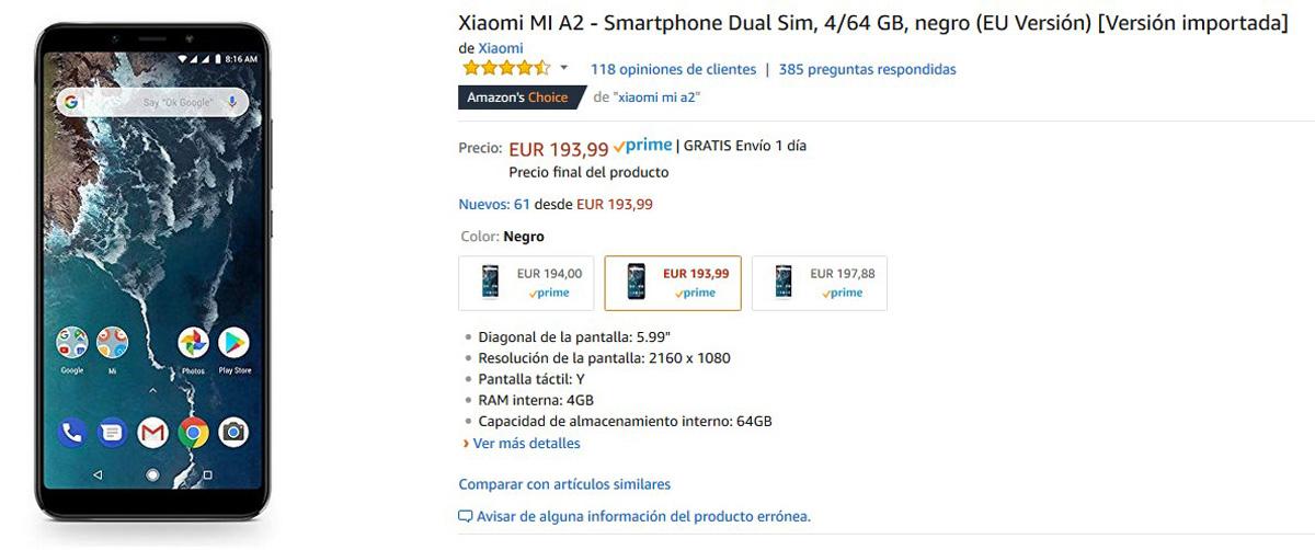 Descuentoe en el precio del Xiaomi Mi A2 en Amazon