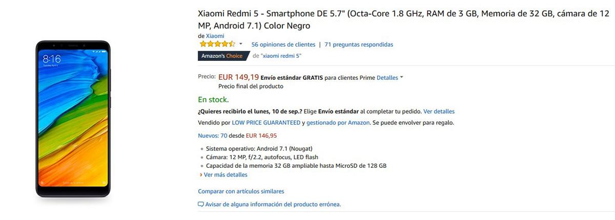 Precio del Xiaomi Redmi 5 en Amazon