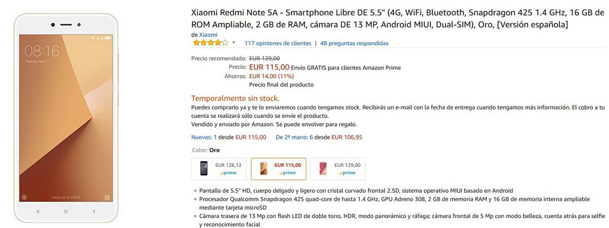 Precio del Xiaomi Redmi Note 5A en Amazon