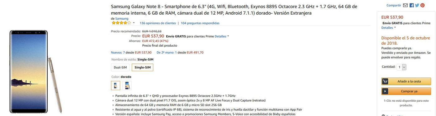 Precio del Galaxy Note 8 en Amazon