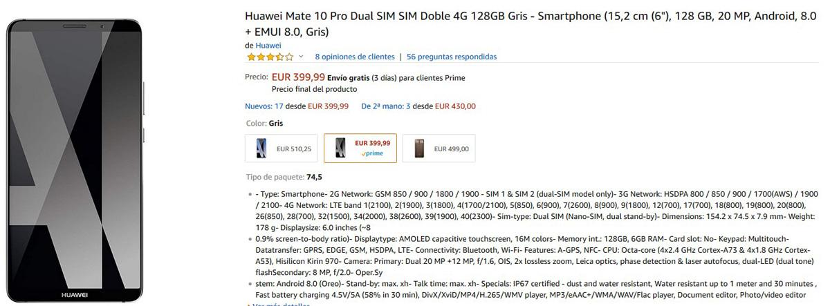 Oferta del Huawei Mate 10 Pro en Amazon al precio más bajo