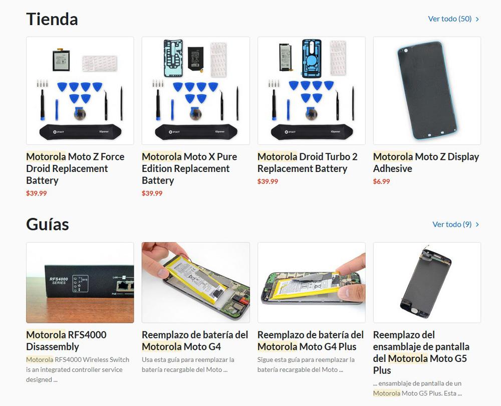 Ejemplo de kits de reparación para smartphones Motorola en la tienda de iFixit
