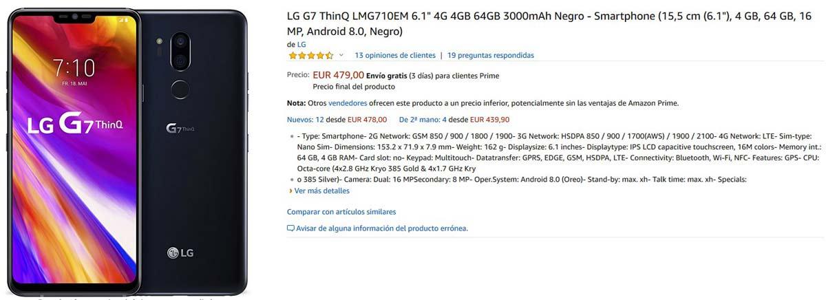 Precio del LG G7 ThinQ en Amazon