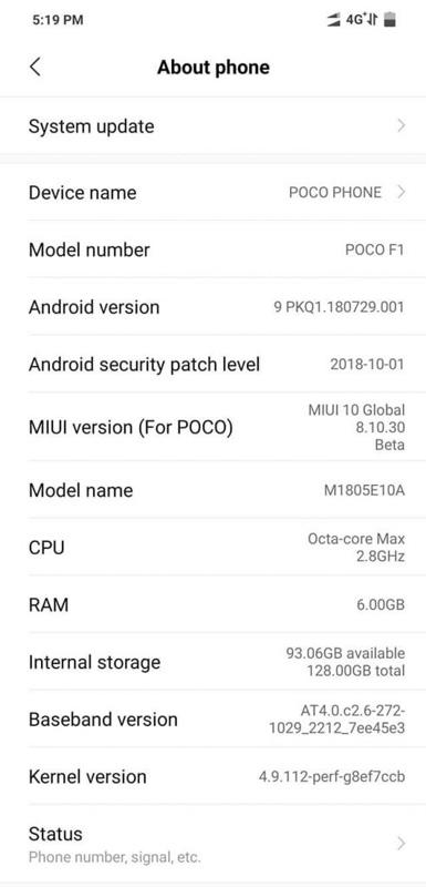 información sobre la ROM global de MIUI 10 con Android 9 Pie para el PocoPhone F1