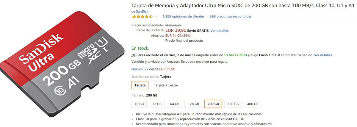 Tarjeta micro SD de 200 GB de SanDisk en Amazon