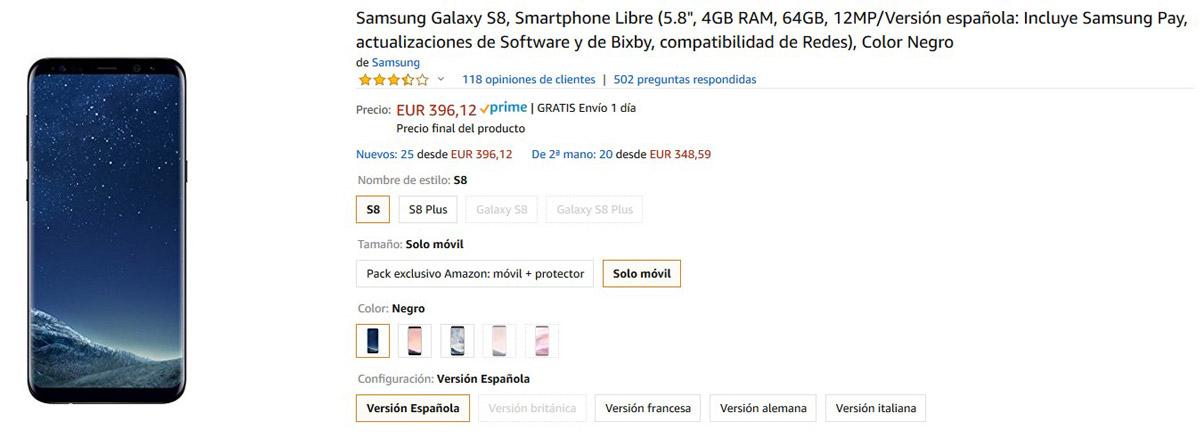 Precio del Galaxy S8 por debajo de los 400 euros en Amazon