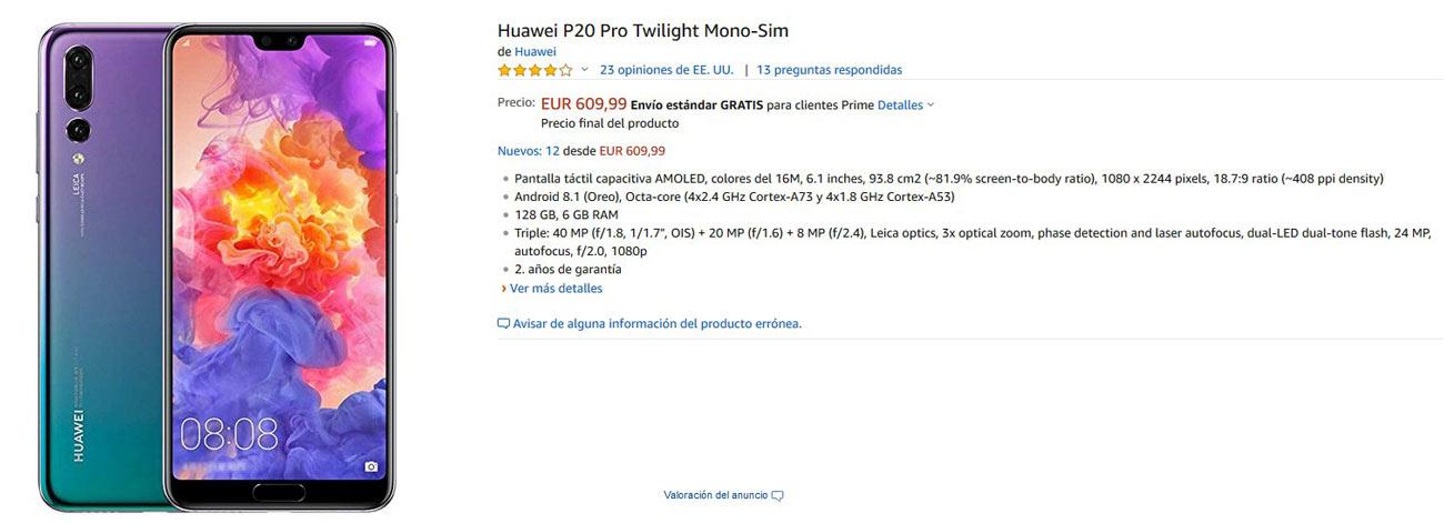 Precio del Huawei P20 Pro de oferta en la tienda de Amazon