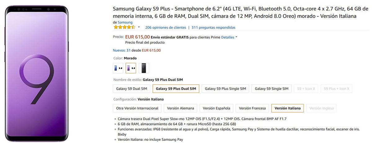 Precio del Samsung Galaxy S9 Plus en Amazon
