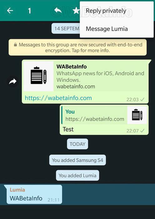 Opción de responder por privado a un mensaje de grupo en WhatsApp